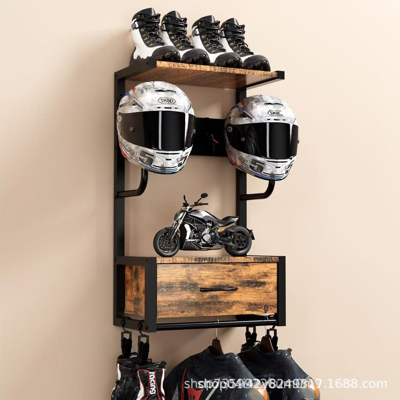 Wooden Motorcycle Helmet Holder Wall-Mounted Helmet Stand with Helmet Rack Riding Gear Accessories Storage Organizer