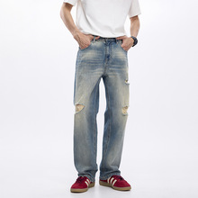 破洞牛仔长裤夏季宽松直筒美式复古高街无弹牛仔裤男时尚长裤牛仔