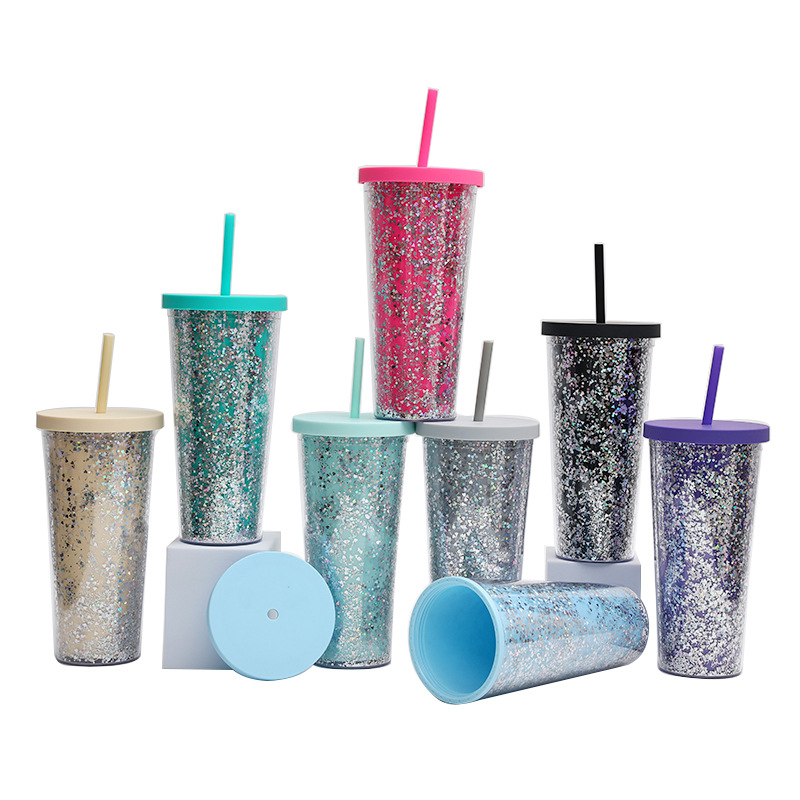 Factory Direct Supply Cross-Border Amazon New Double Plastic Straw Cup Wholesale Innovation European and American Large Capacity Cool Drinks Cup