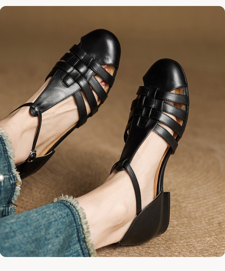 Sandal nữ mũi nhọn da bò quai chữ T gót thấp phong cách La Mã — nâu chi tiết 15