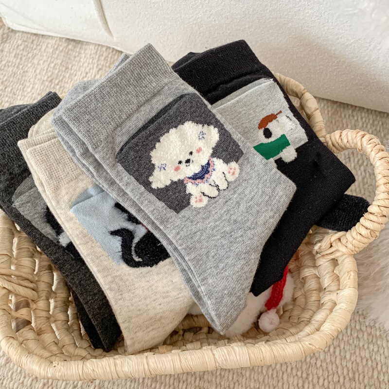 Original Cartoon Pocket Socks for Women, Cute Kitten and Puppy Ins Trendy Mid-Calf Socks, Personalized Animal Flocked Slouch Socks