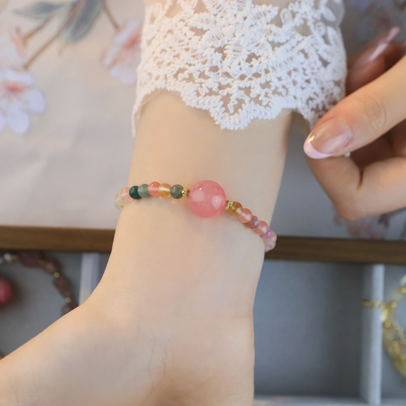 Nicho Zhong Turmaline ágata transferencia de flores de melocotón temperamento de moda versátil pulsera elástica de alta calidad pulsera para chicas