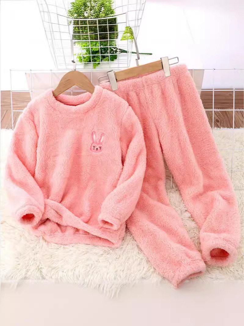 2024 Amazon estación independiente nueva ropa para niños desgaste de la casa franela traje bordado de dibujos animados niños y niñas desgaste