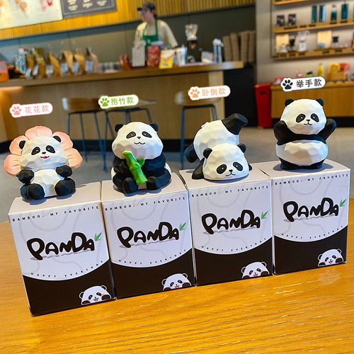 Original Wood Carving Style Cute Panda Daily Series Desk Miniature Resin Panda Bear Plush Gift