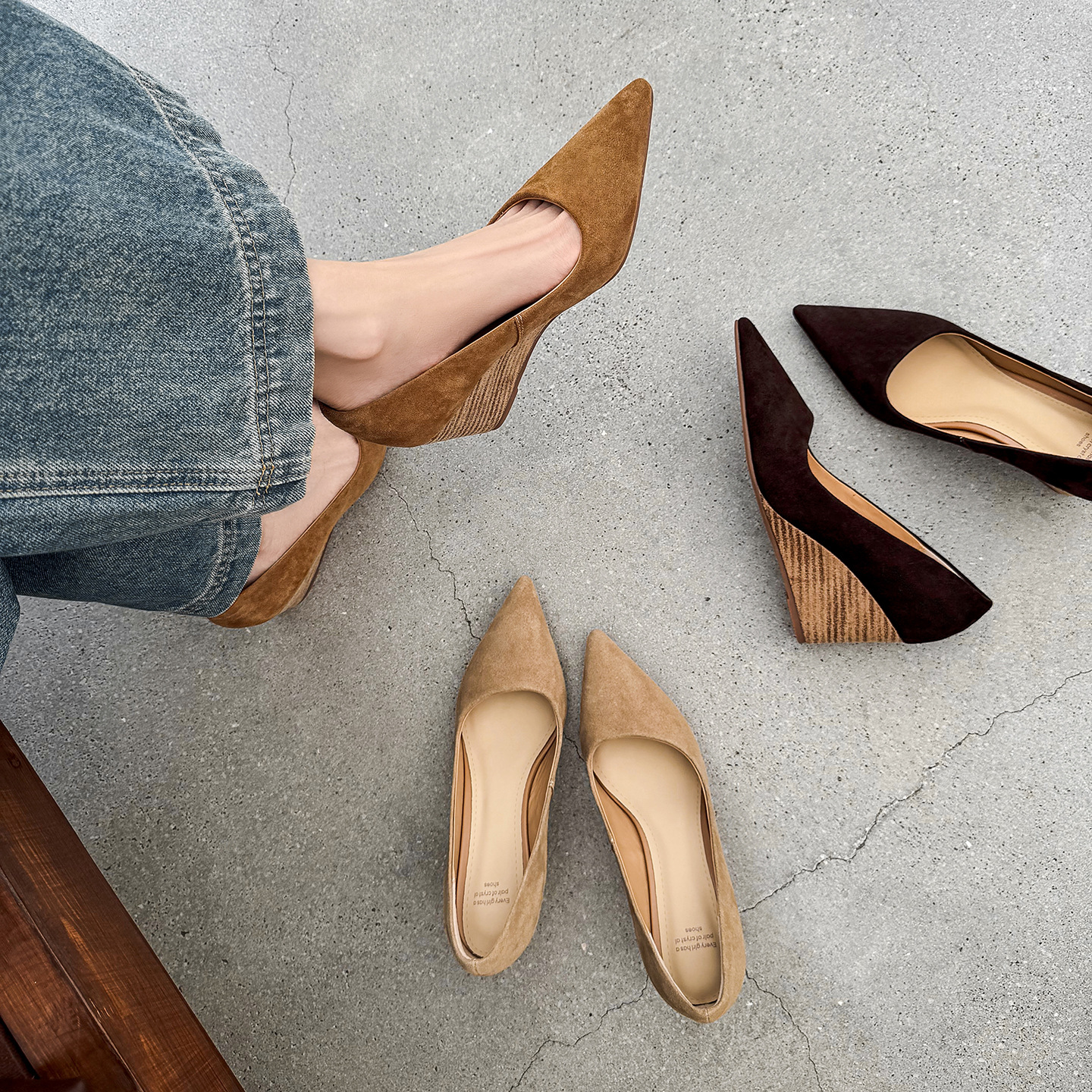 7cm comfortable pointed-toe women's wedge shoes in apricot color, versatile for commuting, genuine leather, gentle style for work