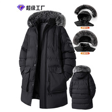 跨境定制大码中长款棉衣男冬季可拆卸连帽棉服加厚大毛领棉袄外套