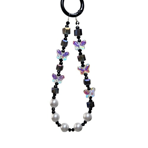 Minimalist Colorful Sparkling Butterfly Knot Clear Square Crystal Pearl Short Handmade Bead Bag Phone Chain Universal