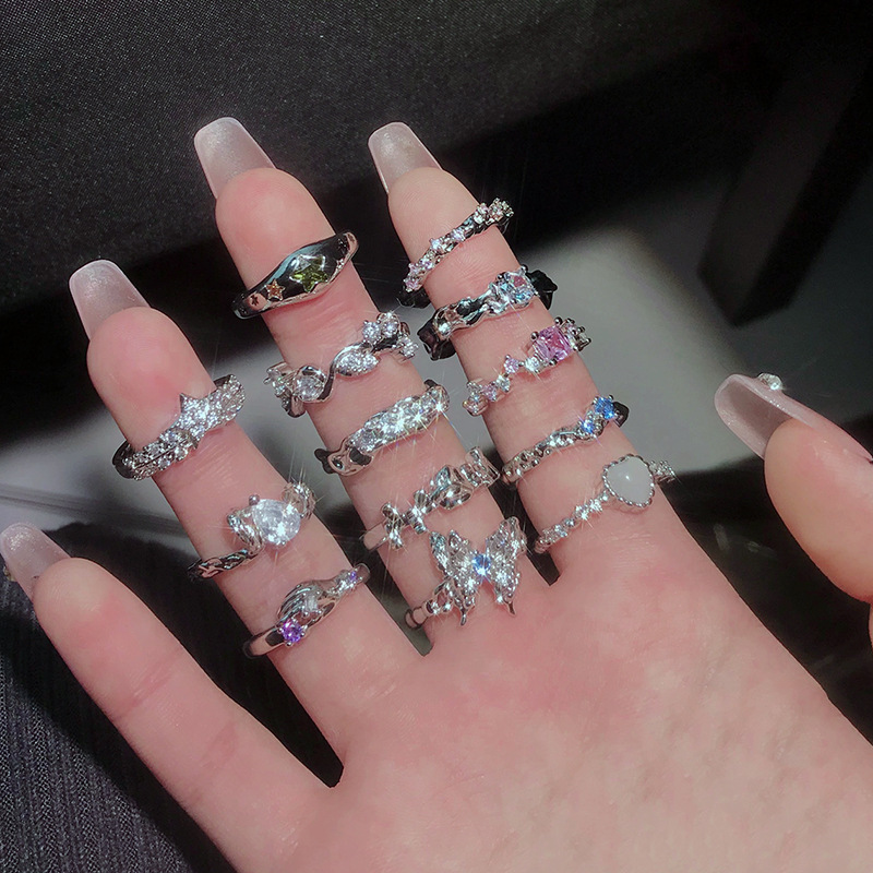 小眾新款不規則閃鑽星星鋯石戒指ins冷淡風小眾設計愛心蝴蝶指環