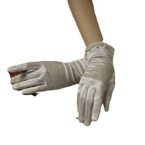 Korean satin face wedding pearl gloves white bag five finger short dress performance daily photo gloves wholesale