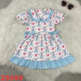 精品外贸婴幼儿童套装批发蓝色兔子印花女孩复活节短袖连衣裙