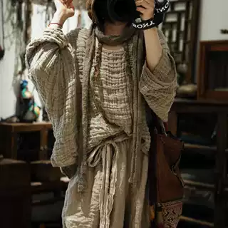 SN363肌理感粗粝亚麻复古文艺秋冬混搭套头衫外套