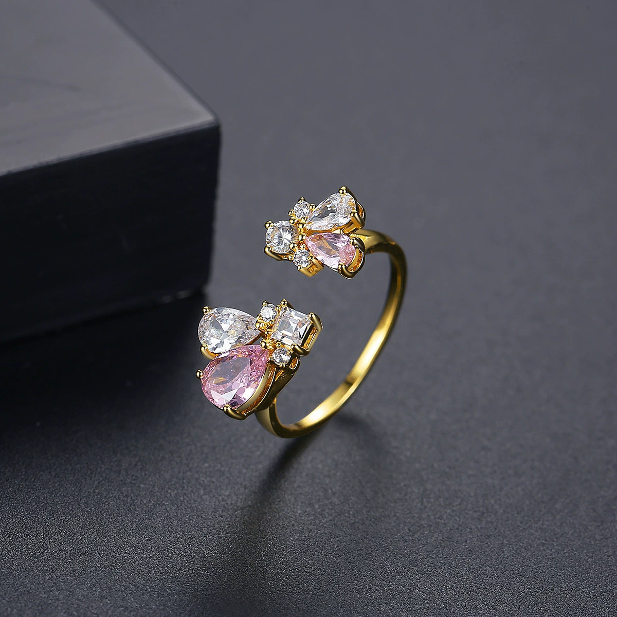 Copper Adjustable Ring, Zirconia Flower Accent, One Size Open Band, 750 Gold Color