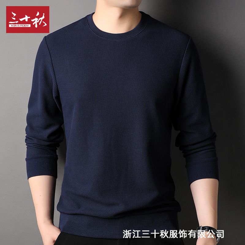 Manzbo waffle middle-aged men light mature casual round neck long sleeve spring and autumn pullover sweater solid color sweate