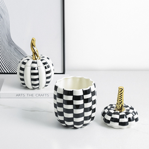 Modern light luxury hand-painted ceramic black and white grid pumpkin decorative vase sample room accent living room wine cabinet creative craft