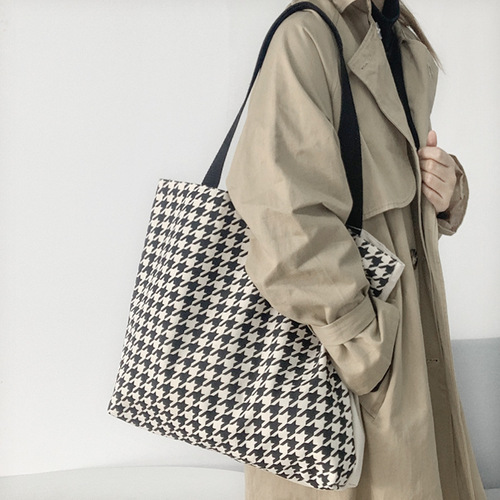 ins niche bag women's autumn and winter new houndstooth pattern retro versatile canvas bag single shoulder large capacity handbag
