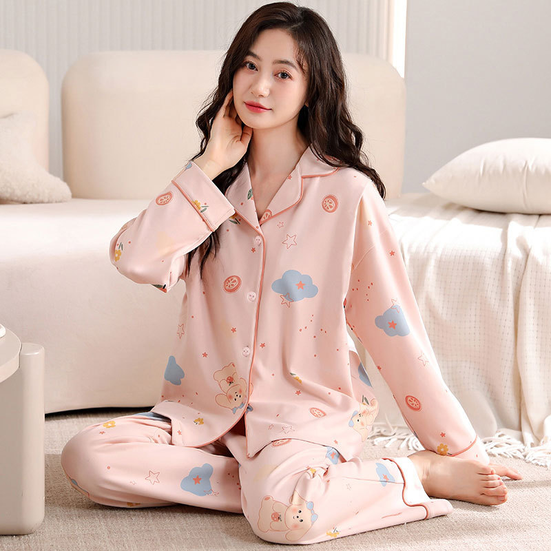YUEZI 의류 봄과 가을 순면 파자마 여성용 카디건 긴팔 바지 세트 느슨한 플러스 사이즈 가을 및 겨울 홈 의류