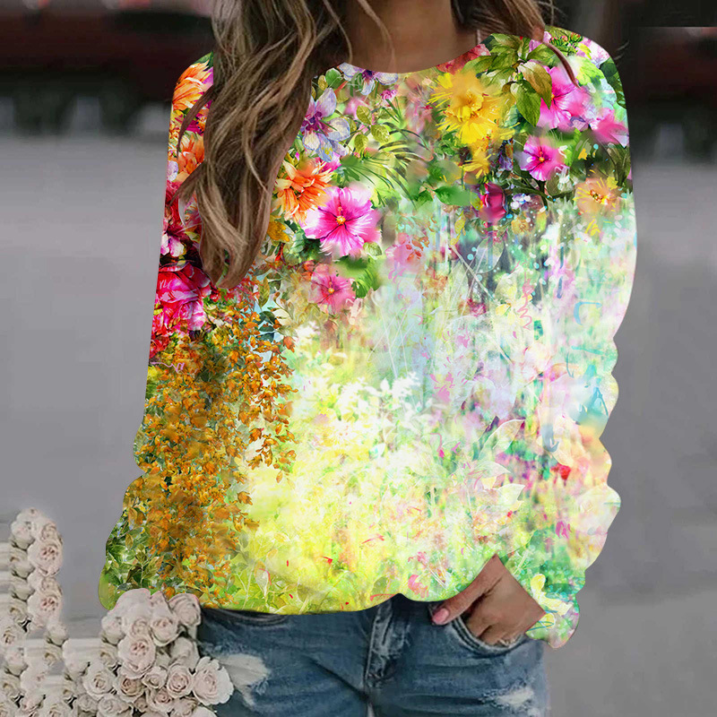 3D digital printed women's round neck hoodie with floral patterns for spring autumn clothing, long sleeved and loose_voghion.com