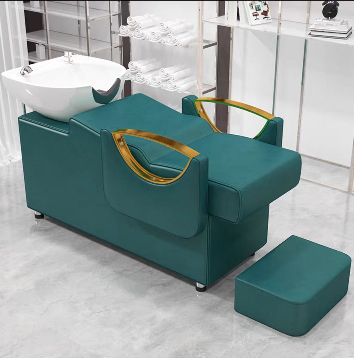 Cama de lavado de cabello para peluquería con reposapiés, lavabo de cerámica, cama de lavado de cabello semireclinable para peluquerías, cama de masaje y peluquería.