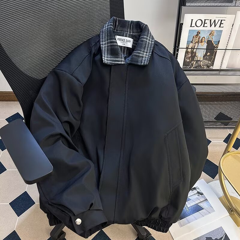复古格纹拼接假两件外套男女春秋新款棒球服夹克翻领上衣服潮男装|undefined