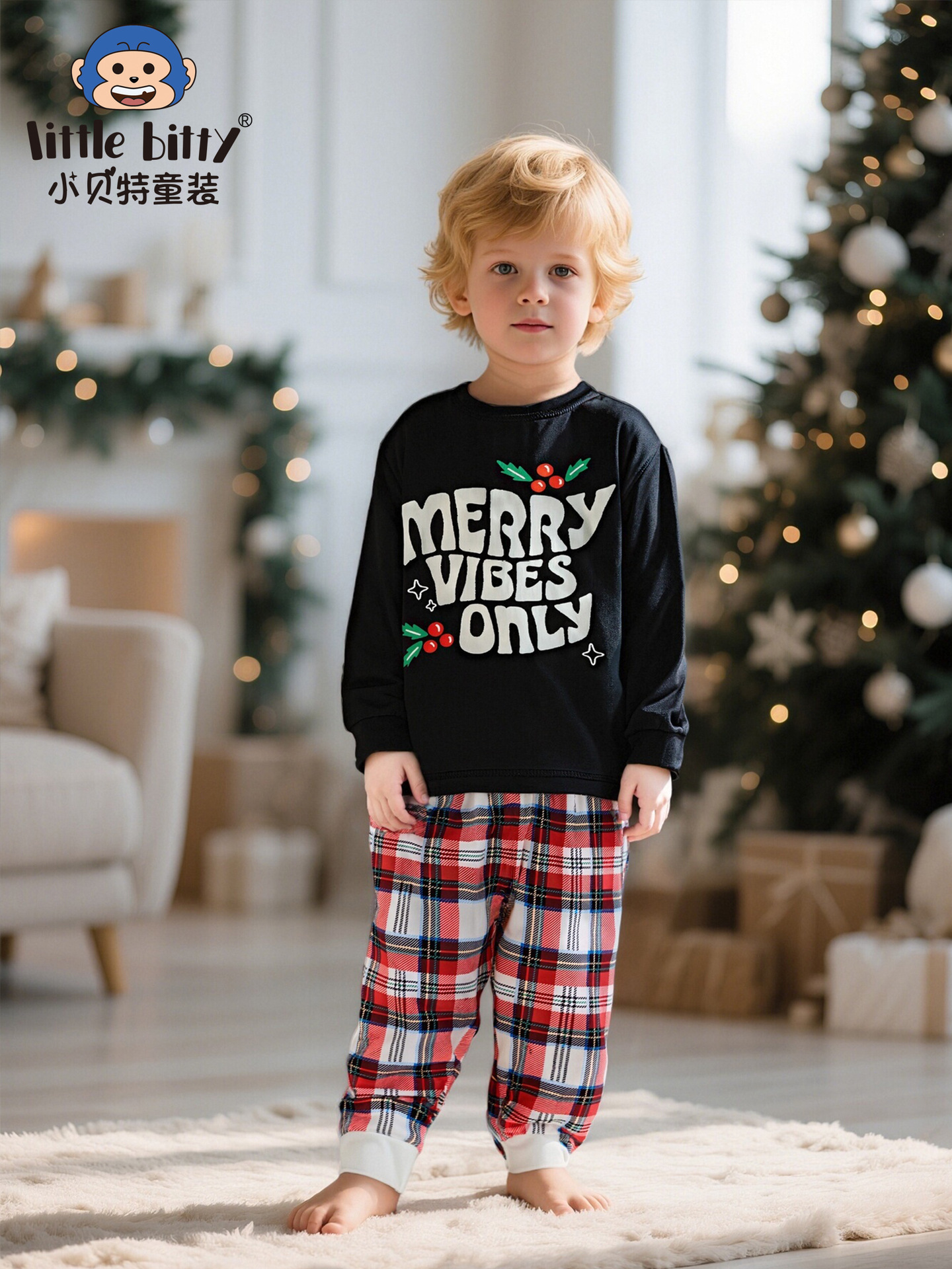 Cross-Border Autumn and Winter Children's Clothing Christmas Long-Sleeved Pants Suit Cartoon Letter Printed Plaid Pants Home Clothes Pajamas