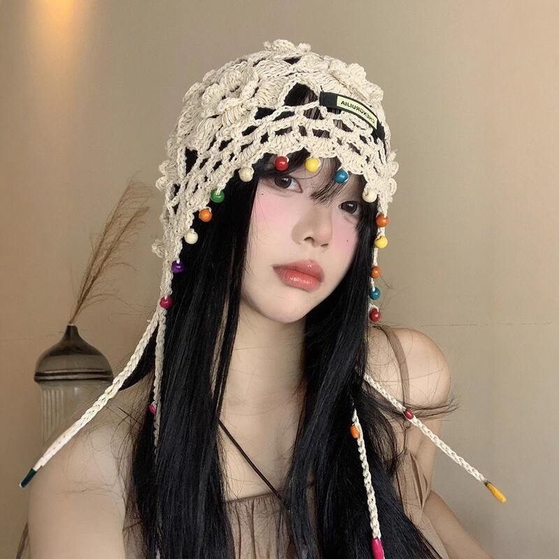 波西米亚彩色珠子包头帽女夏季镂空套头帽民族风手工钩花帽子圆顶|undefined
