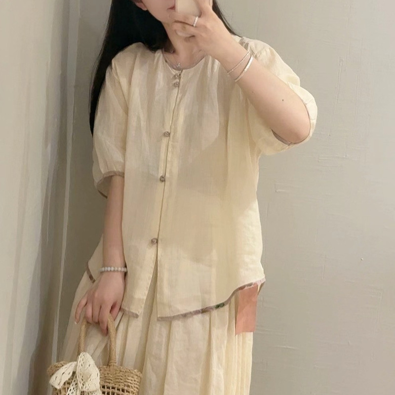 Retro Literary Style Lace Round Neck Ramie Shirt for Women 2025 Summer New Age-Reducing Design Shirt