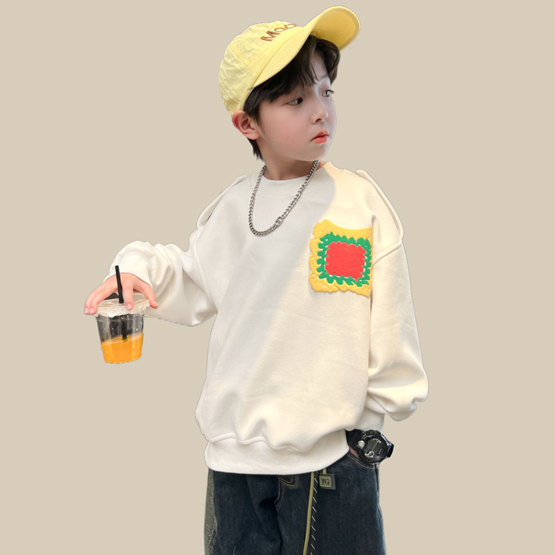 Detské oblečenie, chlapčenské oblečenie, biela mikina, jar a štýly, nové topy 2024, stredná až veľká detská jeseň_voghion.com