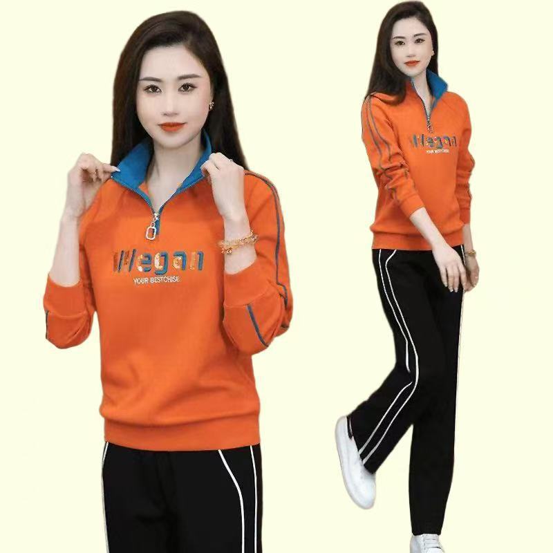 [New Oxygen Cotton] Casual Sportswear Suit for Women in Spring and Autum New Style Fashionable and Age-Reducing Long-Sleeved Stand-Up Collar Sweatshirt