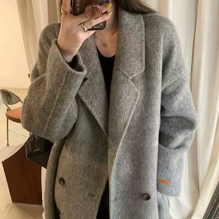 高级感双面羊毛大衣女慵懒风韩系宽松灰色美拉德毛呢外套长袖