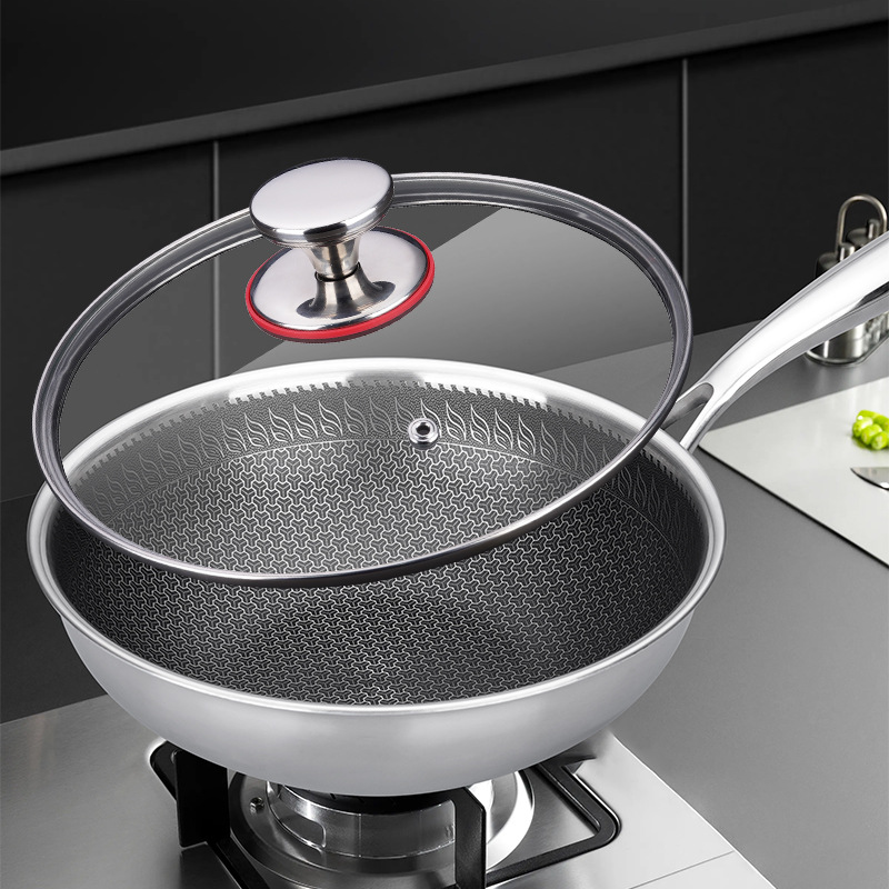 18-10三层钢蜂窝炒锅商用家用零涂层蜂窝状健康烹饪不锈钢不粘锅
