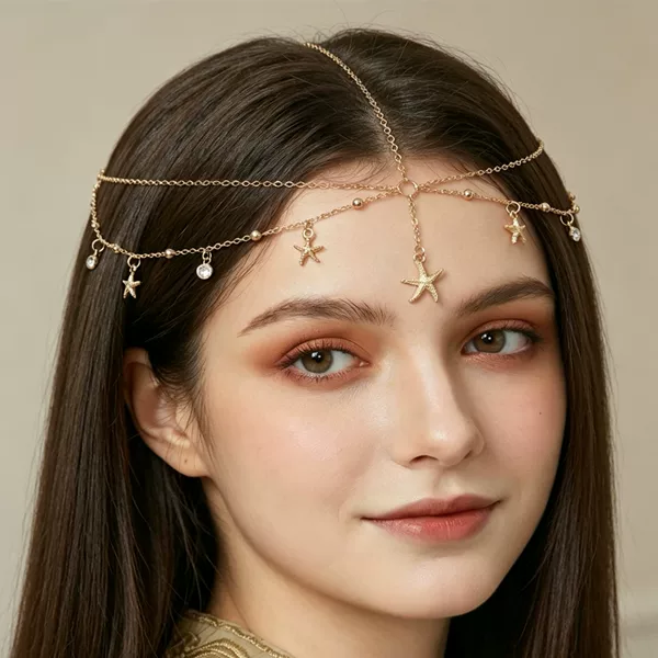 European and American Style Starfish Rhinestone Hair Chain, Double-Layered Bead Chain Head Chain, Bohemian Vacation Style Starfish Hair Accessory with Rhinestones