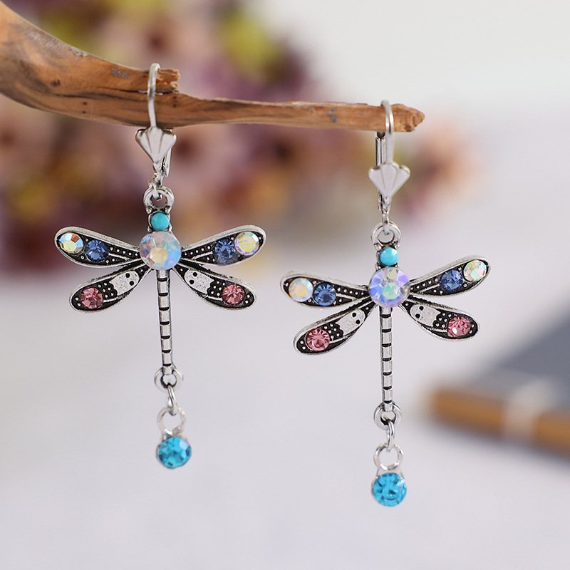 Vintage Style Colorful Dragonfly Alloy Inlay Artificial Gemstones Women's Drop Earrings display picture 1