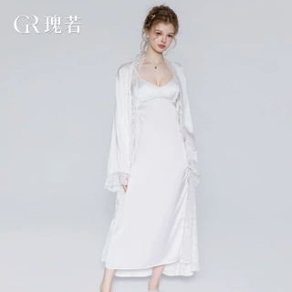 DZ瑰若顺滑缎面蕾丝带胸垫露背诱惑性感睡裙外袍长款睡衣套装6839