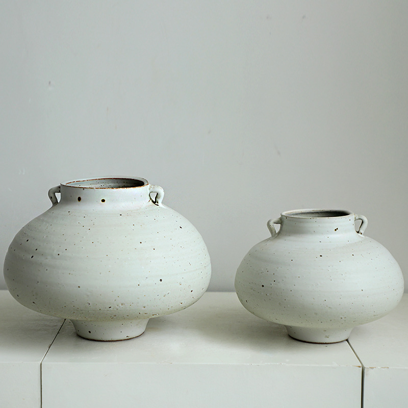 Handmade Coarse Pottery Double-Eared Jar Vase from the Source Factory, Wabi-Sabi Style, White and Speckled Ceramic Flower Vessel, Export Cross-Border Wholesale