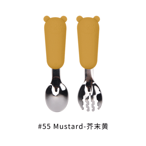 Cartoon bear children's tableware silicone spoon and fork set Baby short handle 316 stainless steel fork and spoon set