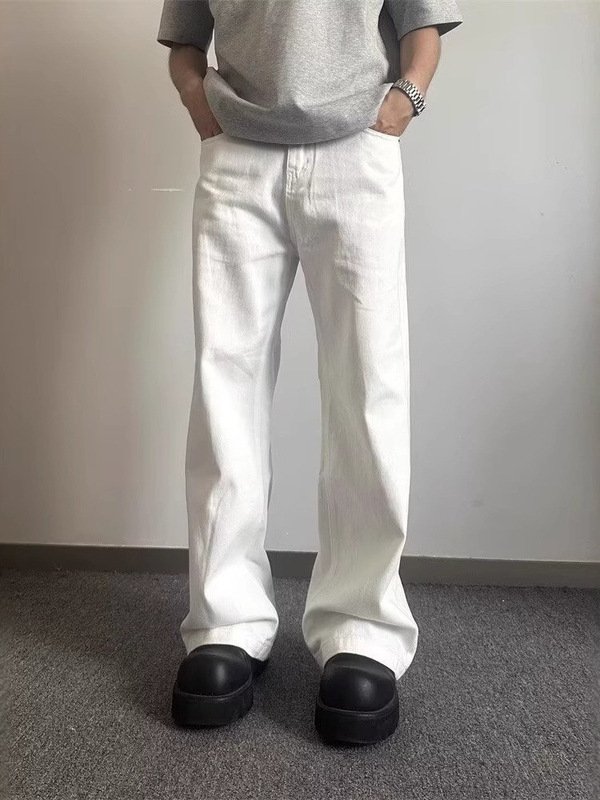 ホワイトシミタージーンズメンズアメリカンバイブハイストリートカジュアルクリーンフィットパンツハンサムストレートレッグマイクロフレアパンツ|undefined