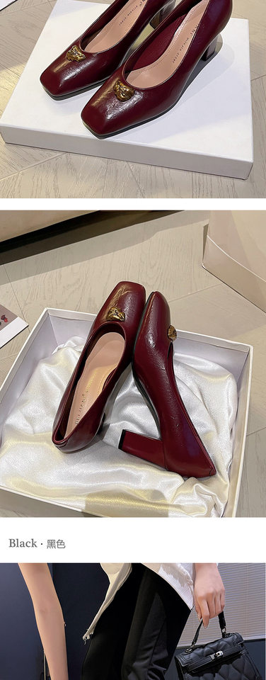 Giày cao gót nữ mũi vuông gót thô phối kim loại kiểu cổ điển, gót 6–8 cm — Màu trắng nhạt, rượu vang đỏ, đen chi tiết 11