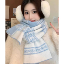 费尔岛蓝色针织毛线围巾女冬季新款韩系氛围感百搭加厚保暖围脖女