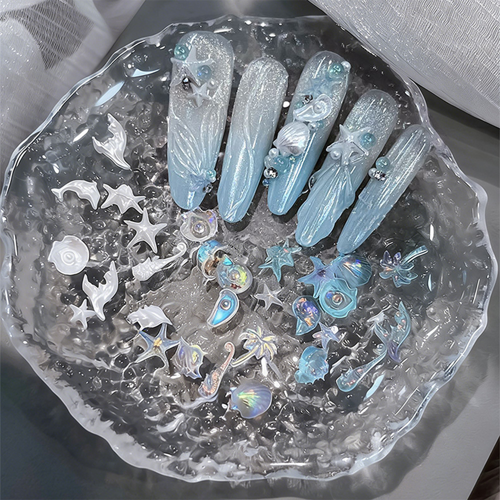 Foreign Trade 50-Piece Set of Starfish and Shell Ocean Series Resin Nail Art Decorations, Pearl White and Light Blue Beach-Themed Accessories