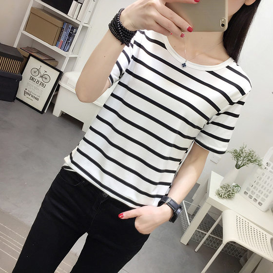 2025 Han Fan Slim Look Top Casual Simple Striped Round Neck Loose Short-sleeved T-shirt Women's Summer Base Shirt Top