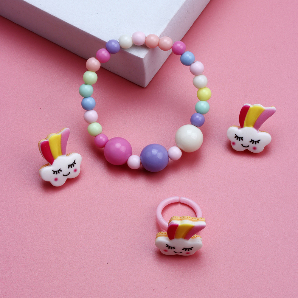 Cute Clouds Rainbow Resin Beaded No Inlaid Rings Bracelets Earrings 3 Piece Set display picture 4