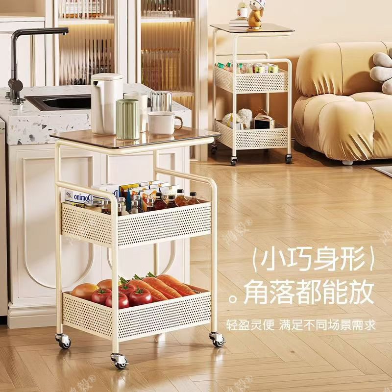 可移动奶油风床边沙发边几钢化玻璃茶几家用简约现代小推车置物架|undefined
