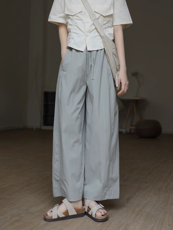 Japanese-Style Drawstring Casual Cool Straight Wide-Leg Balloon Pants for Women, Petite Pear-Shaped Body, Workwear Pants, Summer Thin Style