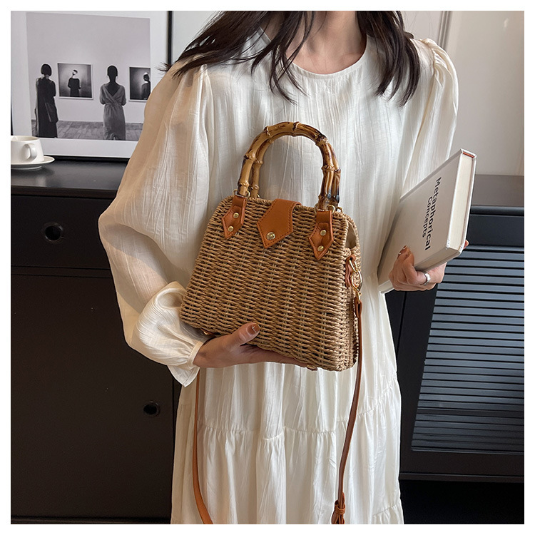 Straw Material Women's Backpack Backpack Solid Color Pattern Spring&Summer Season Women's Medium Spring&summer Straw Vintage Style Handbag