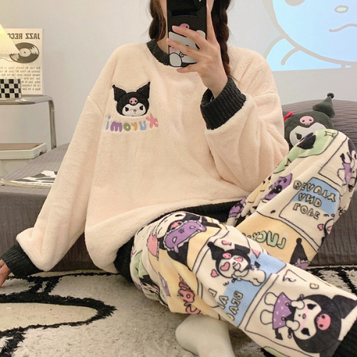 Flannel pajamas for women, suitable for autumn and winter, round neck, long sleeves, cute Japanese cartoon style, student warm home set
