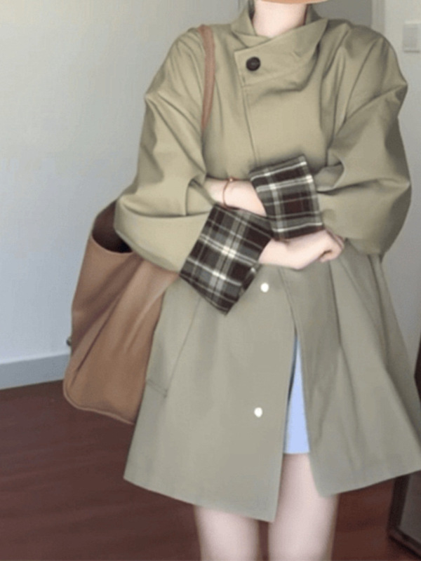 2025卡其风衣女中长修身简约通勤潮显瘦立领大衣卡其绿氨纶|undefined