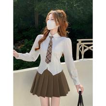 制服长袖白色衬衫女收腰显瘦短款衬衣设计感上衣春秋学院风套装