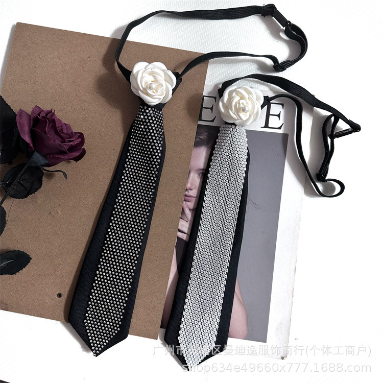 Jk 틈새 넥타이 블랙 여성 대학 스타일 유니폼 라인석 동백 꽃 무료 셔츠 액세서리 장식 소녀