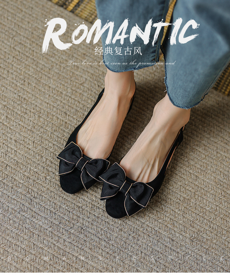 Sandal nữ bít mũi đế bệt phong cách cổ điển nơ phối màu — Màu đen chi tiết 1