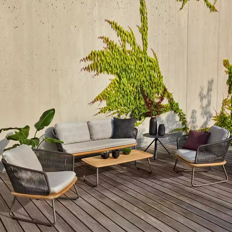 Casual nórdico al aire libre sofá al aire libre de caña de madera sólida villa jardín balcón impermeable de caña de madera de teca combinación de muebles